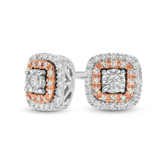 0.2 CT. T.W. Diamond Cushion Frame Stud Earrings in Sterling Silver and 10K Rose Gold