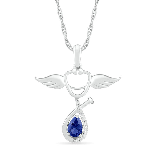 Pear-Shaped Lab-Created Blue and White Sapphire Loop Stethoscope with Wings Drop Pendant in Sterling Silver