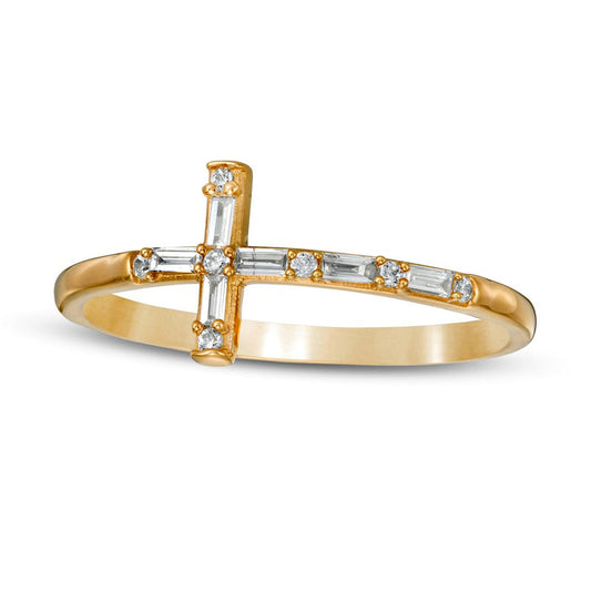 0.13 CT. T.W. Baguette and Round Natural Diamond Cross Ring in Solid 10K Yellow Gold