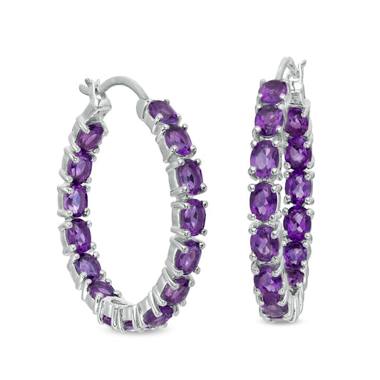 Oval Amethyst Inside-Out Hoop Earrings in Sterling Silver