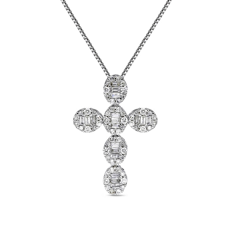 0.5 CT. T.W. Baguette and Round Natural Diamond Cross Pendant in 14K White Gold