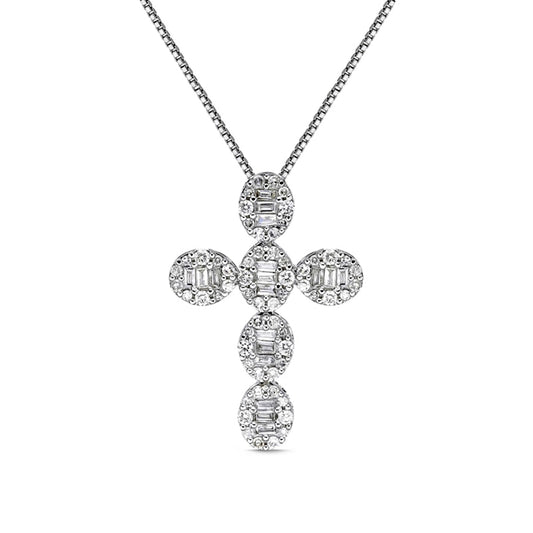 0.5 CT. T.W. Baguette and Round Natural Diamond Cross Pendant in 14K White Gold