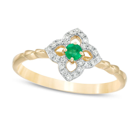 3.0mm Emerald and 0.10 CT. T.W. Natural Diamond Open Petal Frame Scallop Shank Flower Ring in Solid 10K Yellow Gold