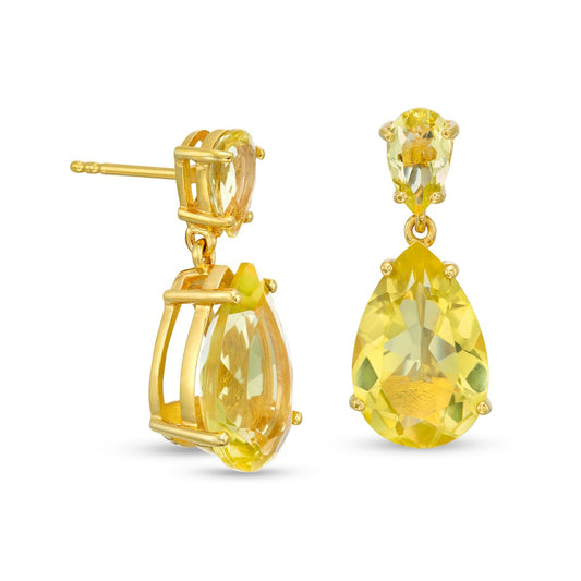 Pear-Shaped Lime Quartz Double Teardrop Earrings in Sterling Silver with 10K Gold Plate