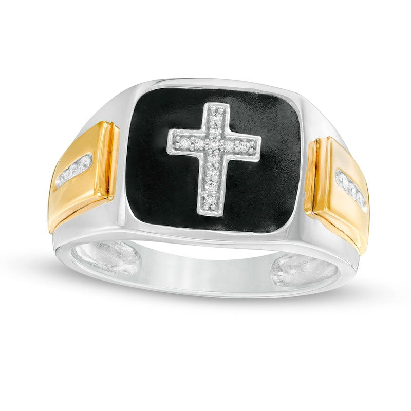 Men's 0.13 CT. T.W. Natural Diamond Cross and Black Enamel Square-Top Stepped Edge Ring in Solid 10K Two-Tone Gold