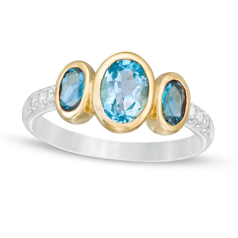 Oval Swiss and London Blue and White Topaz Three Stone Ring in Sterling Silver and Solid 14K Gold Plate