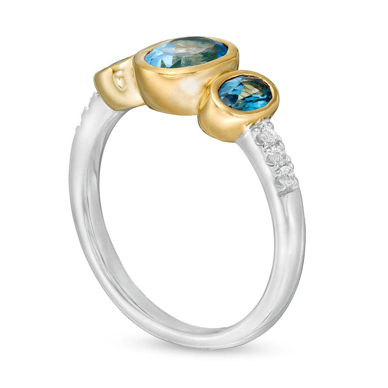 Oval Swiss and London Blue and White Topaz Three Stone Ring in Sterling Silver and Solid 14K Gold Plate