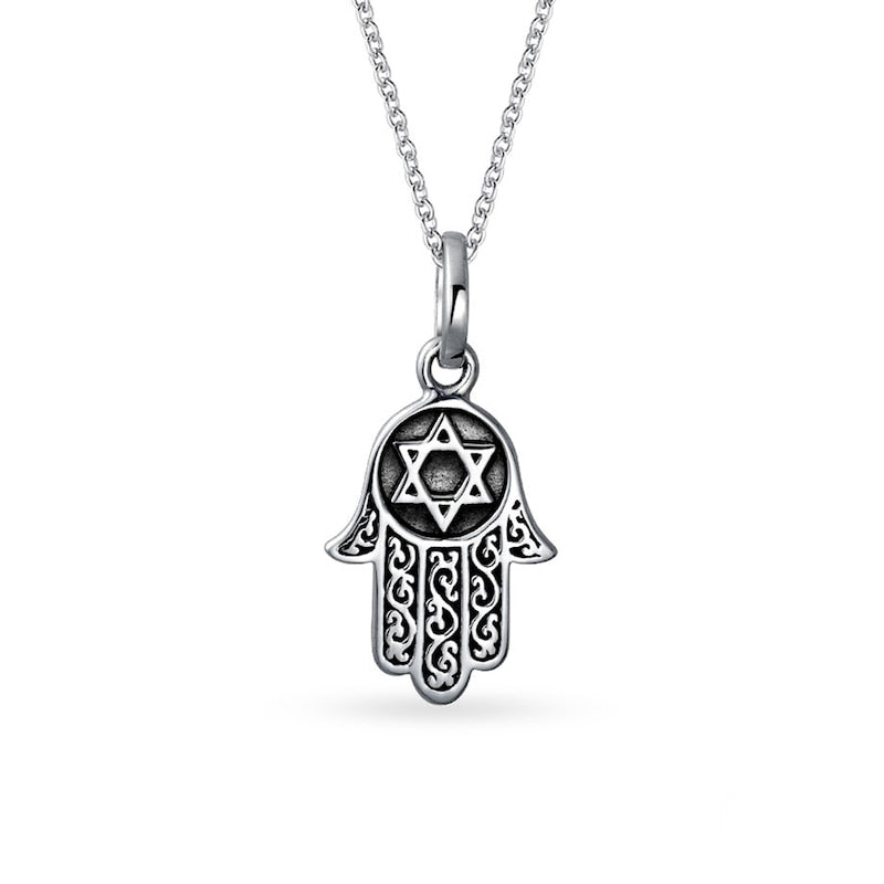 Oxidized Filigree Hamsa with Star of David Pendant in Sterling Silver