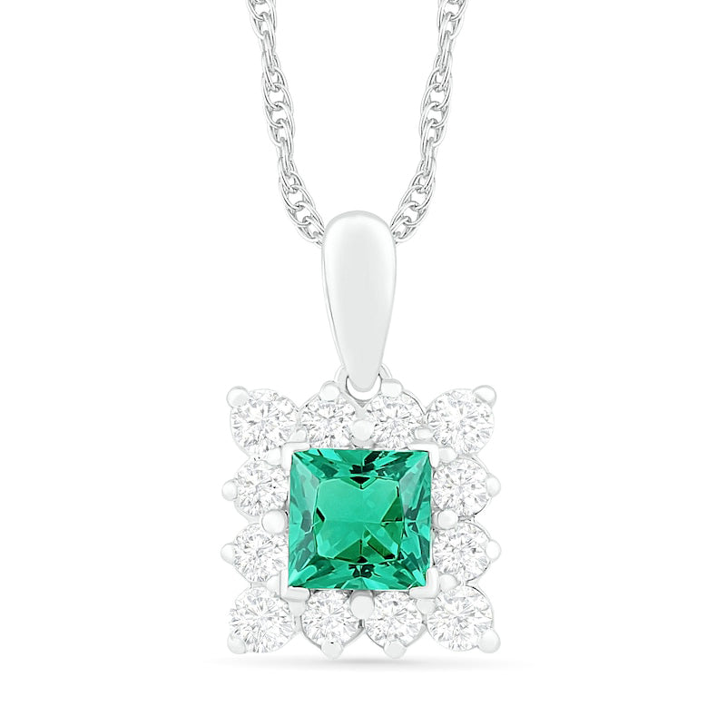 5.0mm Princess-Cut Lab-Created Emerald and White Sapphire Shadow Frame Drop Pendant in Sterling Silver