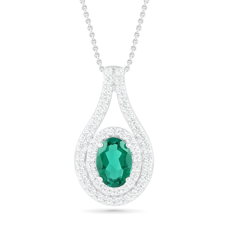 Oval Lab-Created Emerald and White Sapphire Frame Open Teardrop Pendant in Sterling Silver