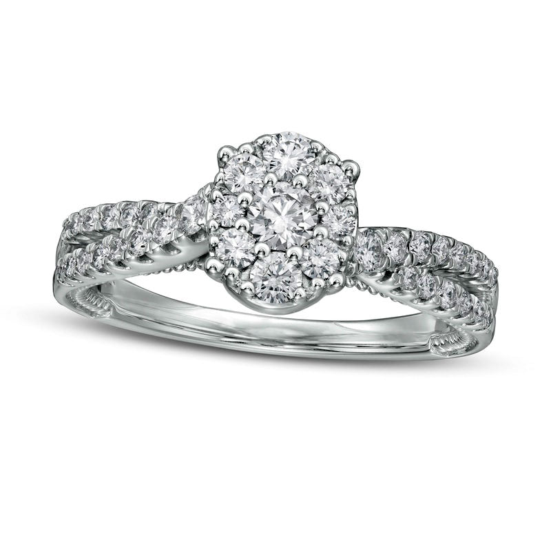 0.63 CT. T.W. Composite Oval Natural Diamond Crossover Shank Engagement Ring in Solid 14K White Gold