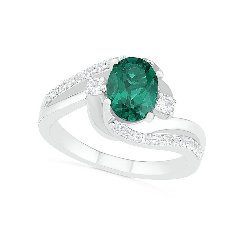 Oval Lab-Created Emerald and White Sapphire Side Accent Double Bypass Split Shank Bridal Engagement Ring Set in Sterling Silver