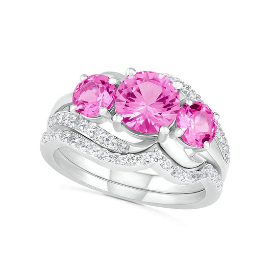 Lab-Created Pink and White Sapphire Three Stone Rolling Wave Split Shank Bridal Engagement Ring Set in Sterling Silver