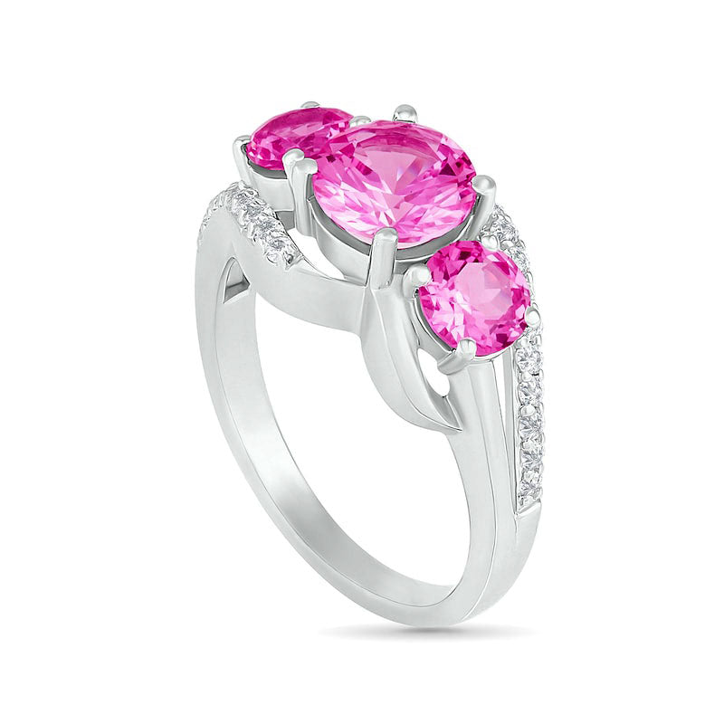 Lab-Created Pink and White Sapphire Three Stone Rolling Wave Split Shank Bridal Engagement Ring Set in Sterling Silver