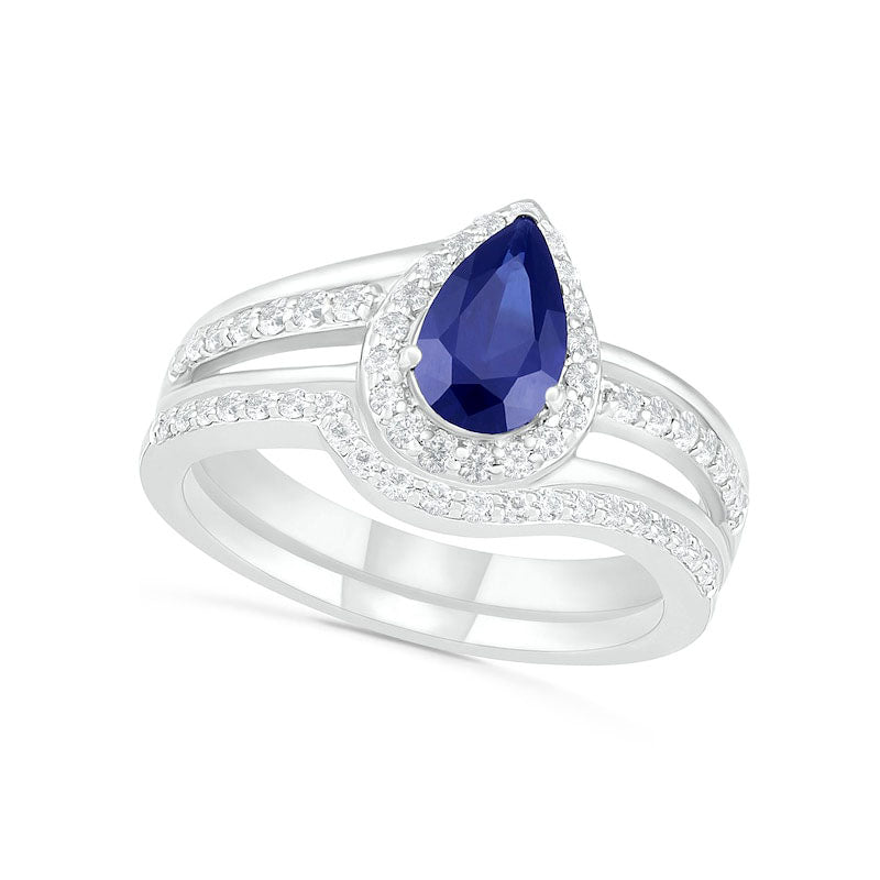 Pear-Shaped Lab-Created Blue and White Sapphire Frame Bypass Split Shank Bridal Engagement Ring Set in Sterling Silver