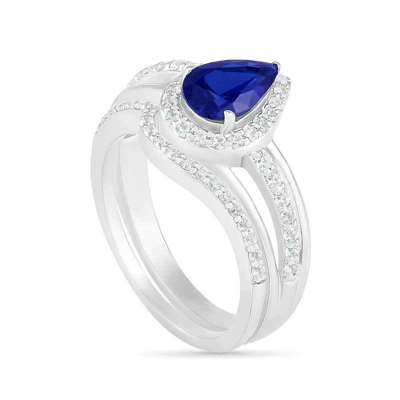 Pear-Shaped Lab-Created Blue and White Sapphire Frame Bypass Split Shank Bridal Engagement Ring Set in Sterling Silver