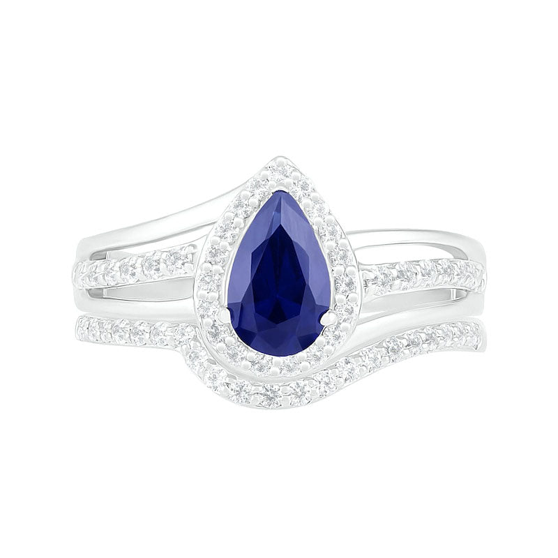 Pear-Shaped Lab-Created Blue and White Sapphire Frame Bypass Split Shank Bridal Engagement Ring Set in Sterling Silver