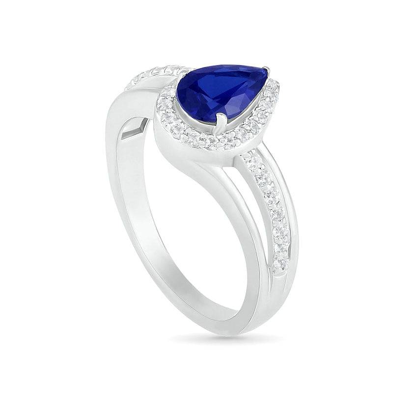 Pear-Shaped Lab-Created Blue and White Sapphire Frame Bypass Split Shank Bridal Engagement Ring Set in Sterling Silver