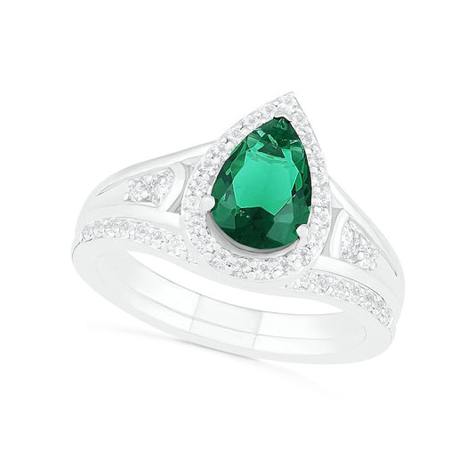 Pear-Shaped Lab-Created Emerald and White Sapphire Geometric Curve Split Shank Bridal Engagement Ring Set in Sterling Silver