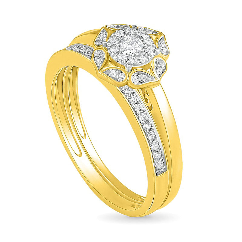 0.33 CT. T.W. Natural Diamond Flower Frame Bridal Engagement Ring Set in Solid 10K Yellow Gold