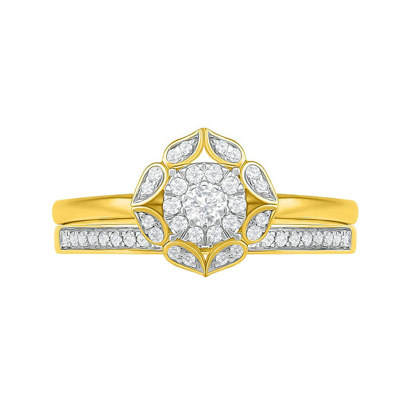 0.33 CT. T.W. Natural Diamond Flower Frame Bridal Engagement Ring Set in Solid 10K Yellow Gold