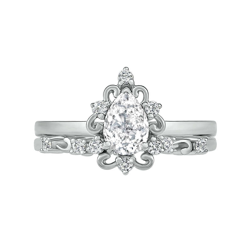 Pear-Shaped White Lab-Created Sapphire Ornate Frame Antique Vintage-Style Bridal Engagement Ring Set in Sterling Silver