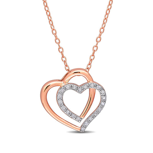 0.1 CT. T.W. Natural Diamond Double Heart Pendant in Sterling Silver with 18K Rose Gold Plate