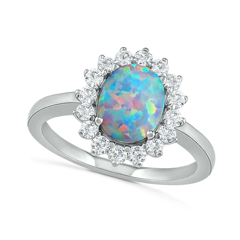 Oval Lab-Created Opal and White Sapphire Starburst Frame Ring in Sterling Silver