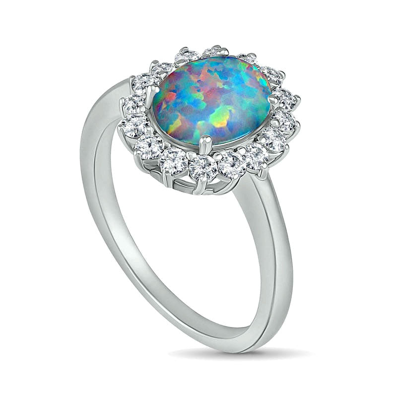 Oval Lab-Created Opal and White Sapphire Starburst Frame Ring in Sterling Silver