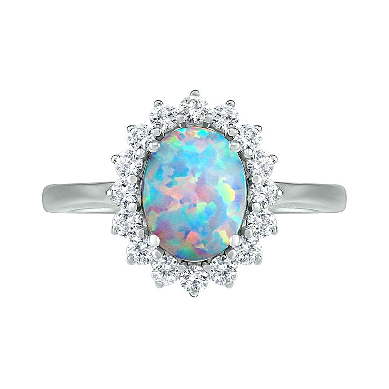 Oval Lab-Created Opal and White Sapphire Starburst Frame Ring in Sterling Silver