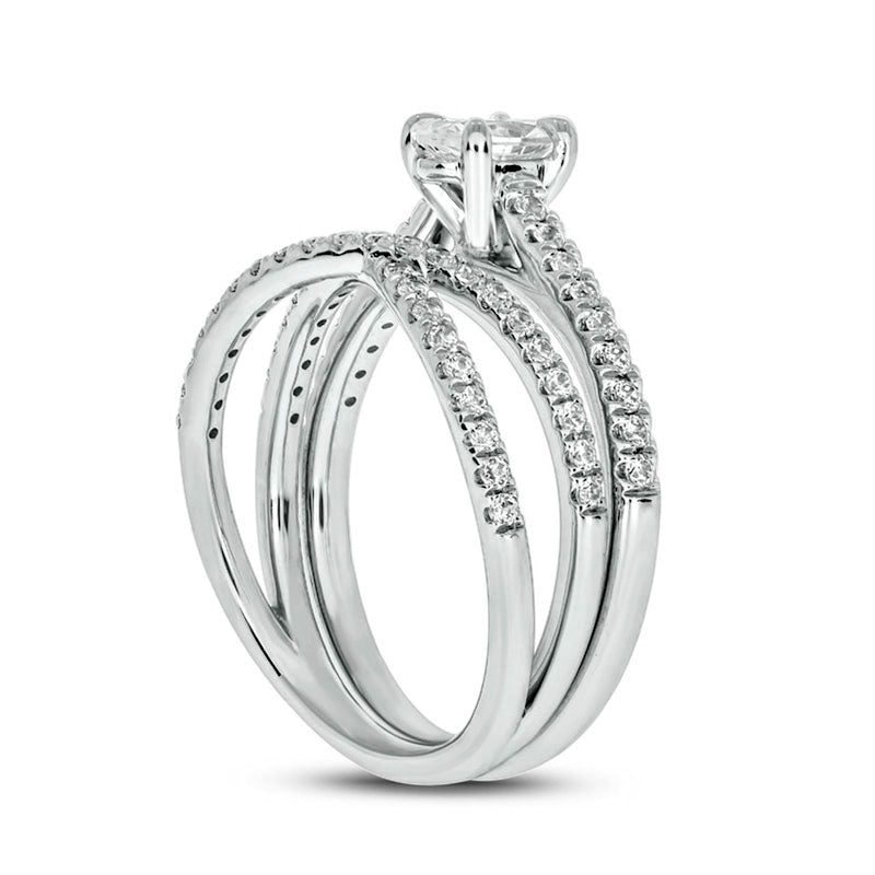 1.0 CT. T.W. Oval Natural Diamond Crossover Bridal Engagement Ring Set in Solid 10K White Gold