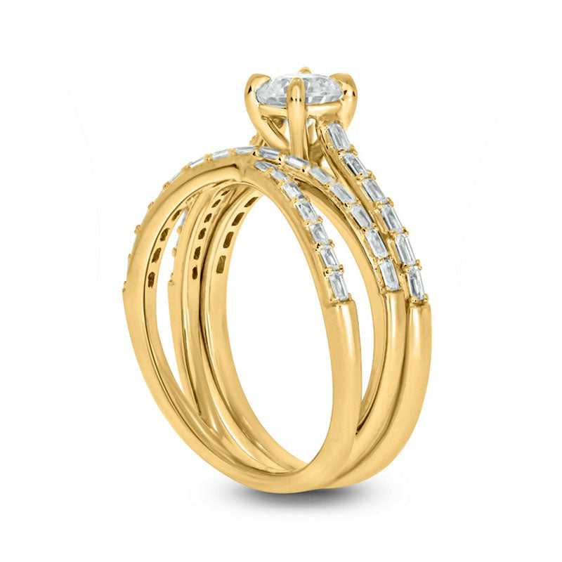 0.75 CT. T.W. Baguette and Round Natural Diamond Crossover Bridal Engagement Ring Set in Solid 10K Yellow Gold