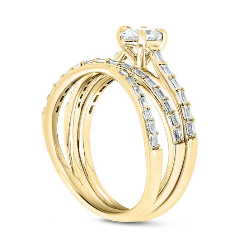 0.75 CT. T.W. Oval and Baguette Natural Diamond Crossover Bridal Engagement Ring Set in Solid 10K Yellow Gold