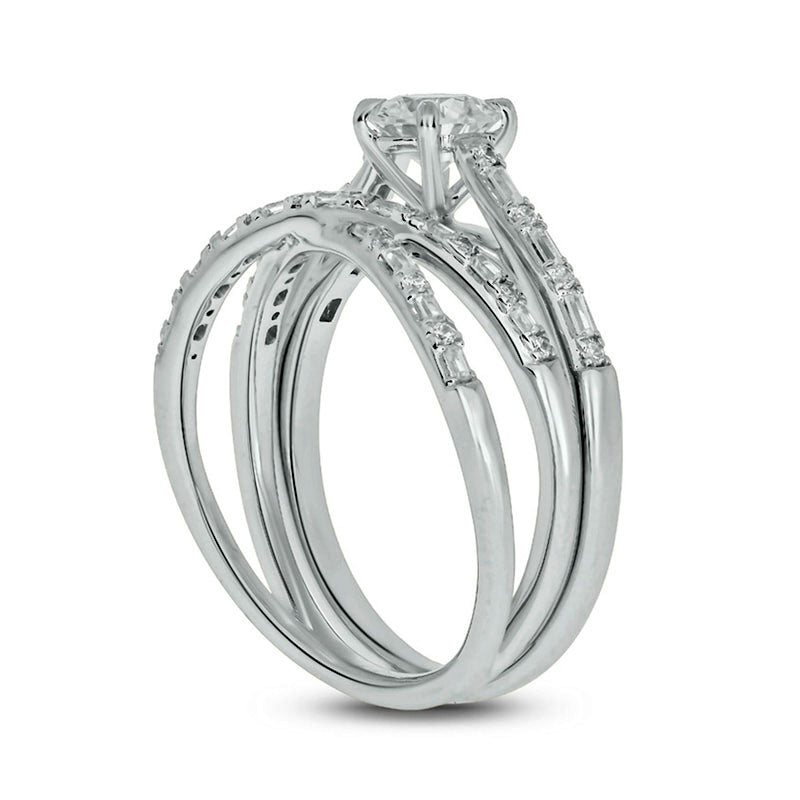 0.75 CT. T.W. Baguette and Round Natural Diamond Alternating Crossover Bridal Engagement Ring Set in Solid 10K White Gold