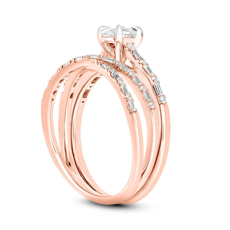 0.75 CT. T.W. Oval Natural Diamond Alternating Crossover Bridal Engagement Ring Set in Solid 10K Rose Gold