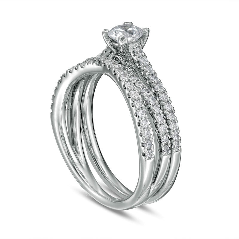 1.0 CT. T.W. Natural Diamond Multi-Row Crossover Bridal Engagement Ring Set in Solid 14K White Gold