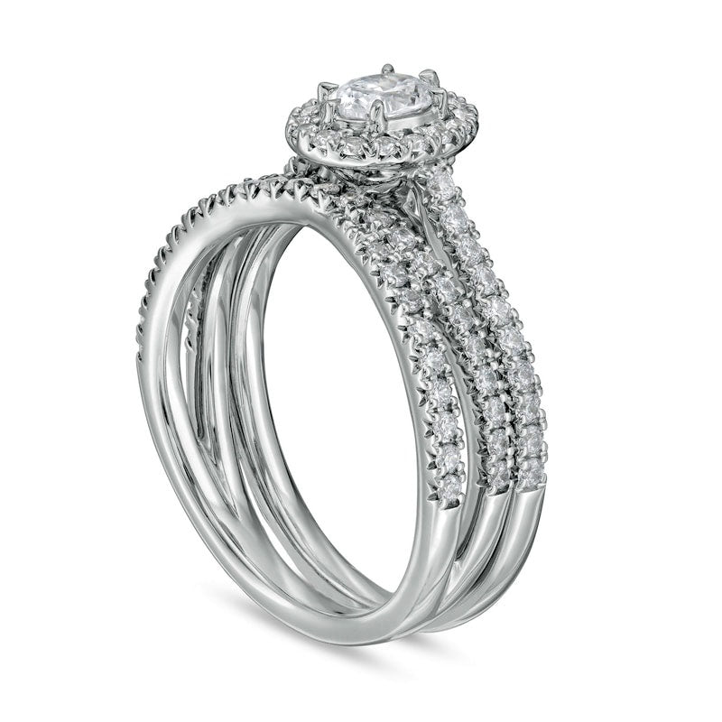 1.0 CT. T.W. Oval Natural Diamond Frame Crossover Bridal Engagement Ring Set in Solid 14K White Gold