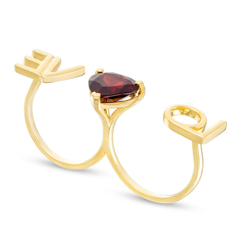 10.0mm Heart-Shaped Garnet "LOVE" Script Ring in Sterling Silver with Solid 14K Gold Plate