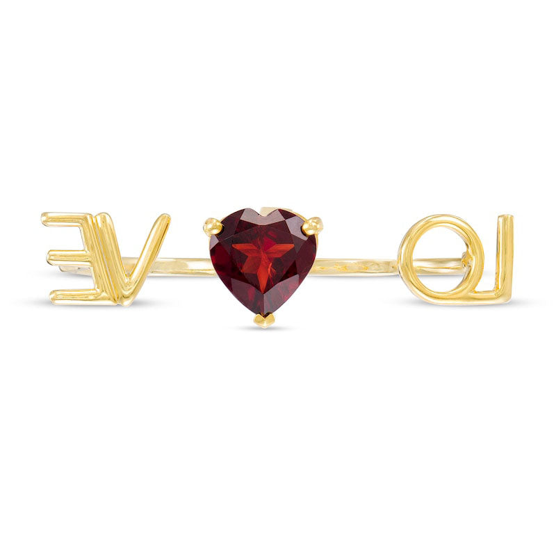 10.0mm Heart-Shaped Garnet "LOVE" Script Ring in Sterling Silver with Solid 14K Gold Plate