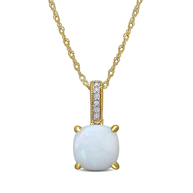 8.0mm Cushion-Cut Opal and Natural Diamond Accent Antique Vintage-Style Drop Pendant in 10K Yellow Gold - 17"