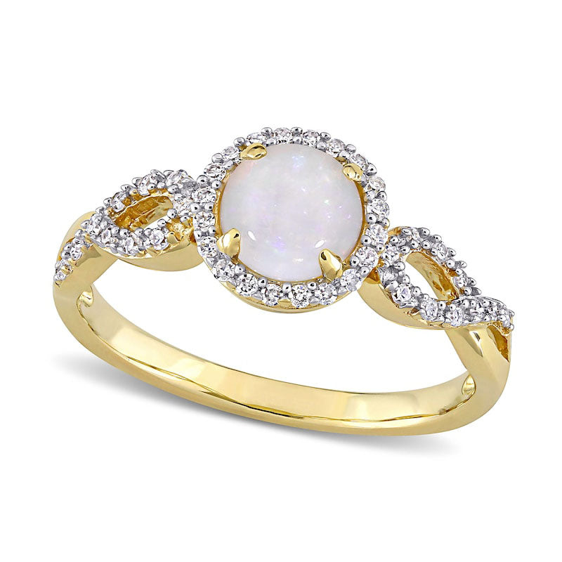 6.0mm Opal and 0.17 CT. T.W. Natural Diamond Frame Infinity Shank Promise Ring in Solid 10K Yellow Gold