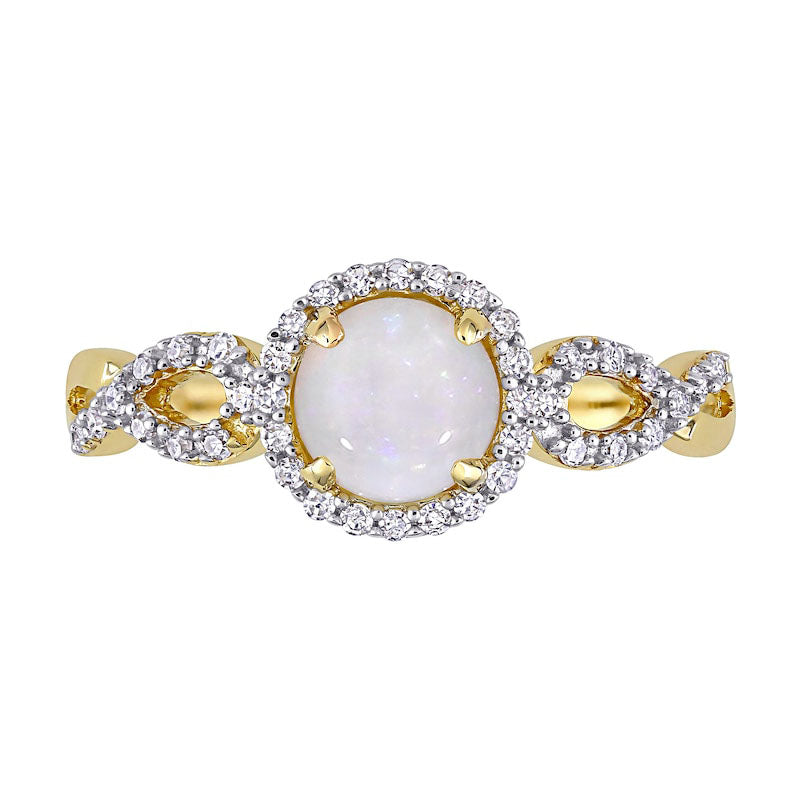 6.0mm Opal and 0.17 CT. T.W. Natural Diamond Frame Infinity Shank Promise Ring in Solid 10K Yellow Gold