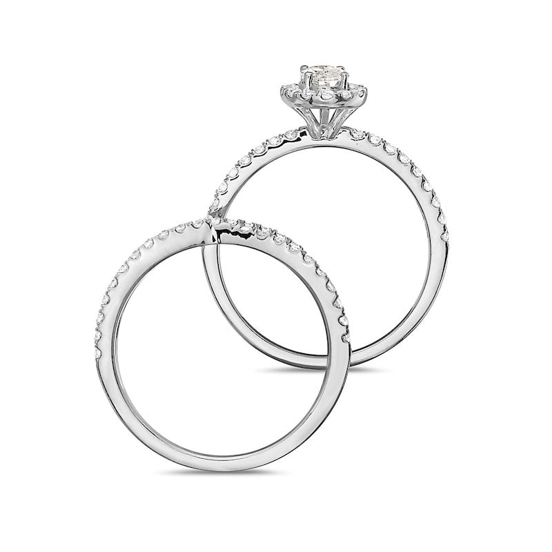 1.33 CT. T.W. Oval Natural Diamond Frame Criss-Cross Bridal Engagement Ring Set in Solid 14K White Gold