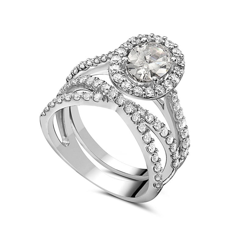 1.75 CT. T.W. Oval Natural Diamond Frame Criss-Cross Bridal Engagement Ring Set in Solid 14K White Gold