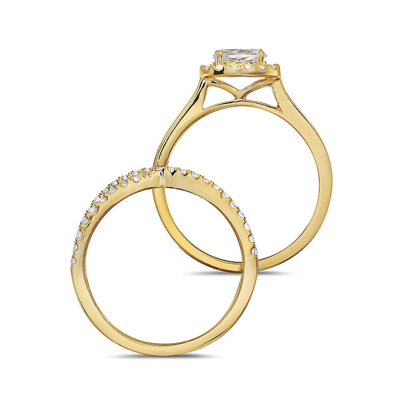 1.0 CT. T.W. Oval Natural Diamond Sideways Frame Criss-Cross Bridal Engagement Ring Set in Solid 14K Gold