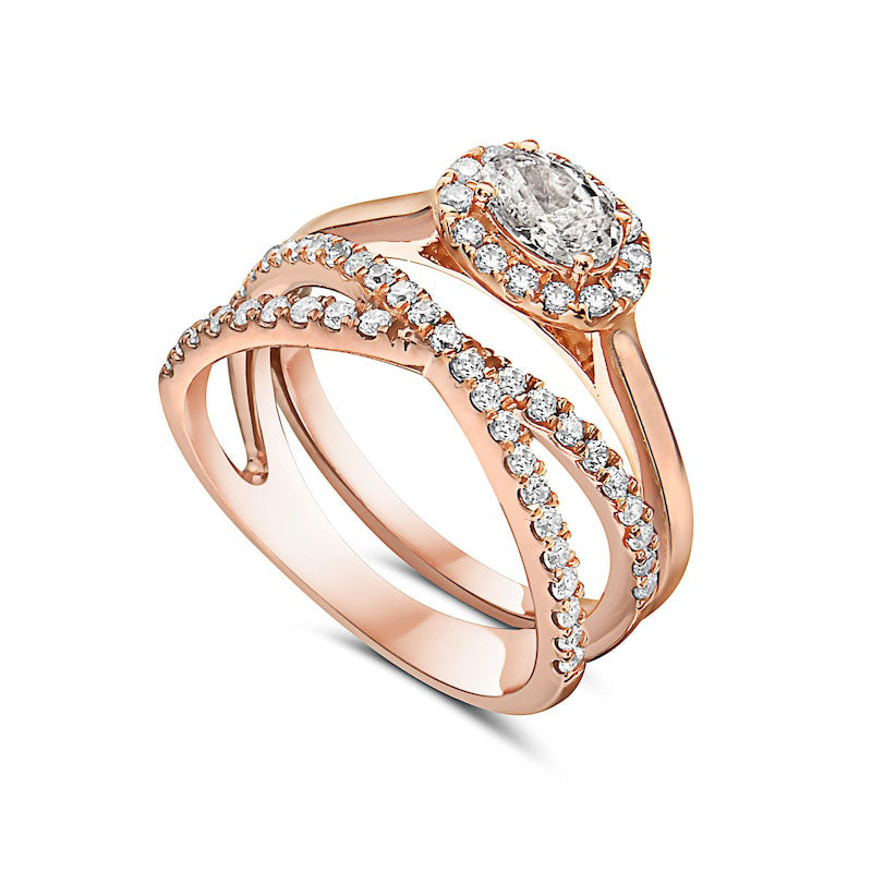 1.0 CT. T.W. Oval Natural Diamond Sideways Frame Criss-Cross Bridal Engagement Ring Set in Solid 14K Rose Gold