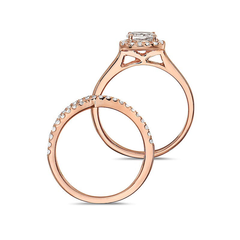 1.0 CT. T.W. Oval Natural Diamond Sideways Frame Criss-Cross Bridal Engagement Ring Set in Solid 14K Rose Gold