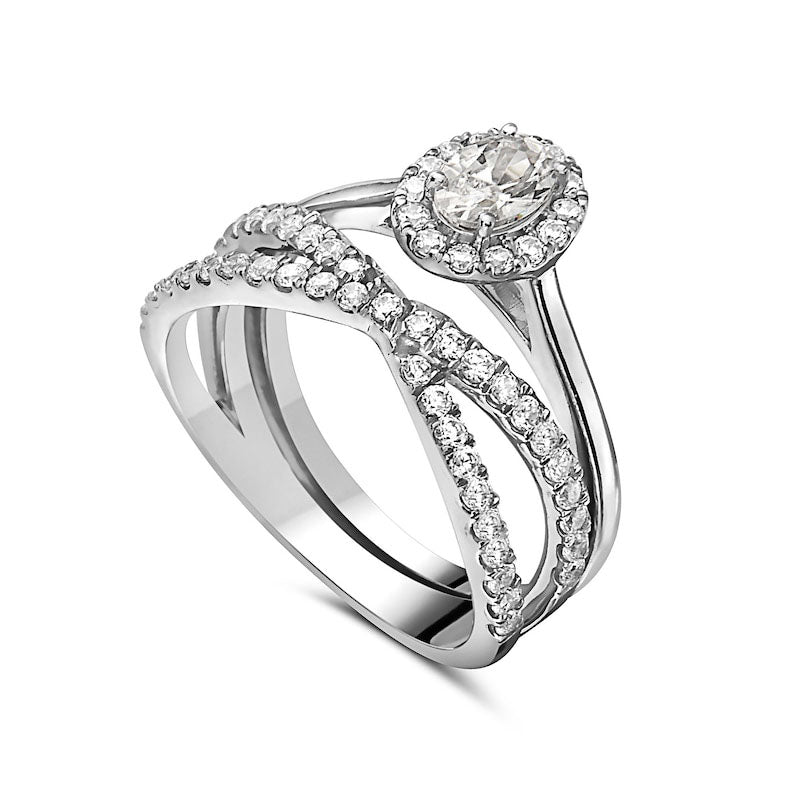 1.0 CT. T.W. Oval Natural Diamond Frame Criss-Cross Bridal Engagement Ring Set in Solid 14K White Gold