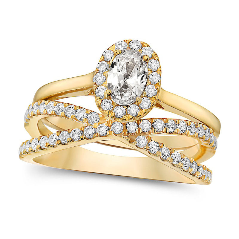 1.0 CT. T.W. Oval Natural Diamond Frame Criss-Cross Bridal Engagement Ring Set in Solid 14K Gold