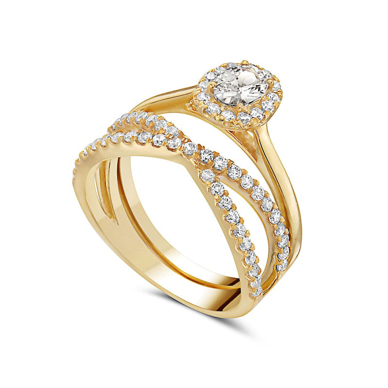 1.0 CT. T.W. Oval Natural Diamond Frame Criss-Cross Bridal Engagement Ring Set in Solid 14K Gold